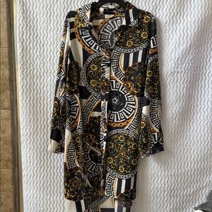 Baroque-Print Long Sleeve Shirt Dress in Black & White with Gold Accents